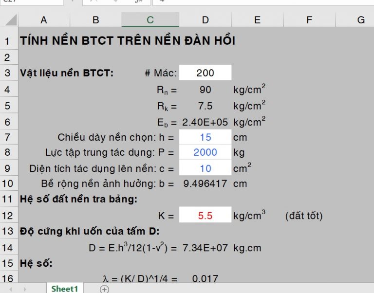 Bảng tính file excel tính toán BTCT trên nền đàn hồi – Thư viện File ...