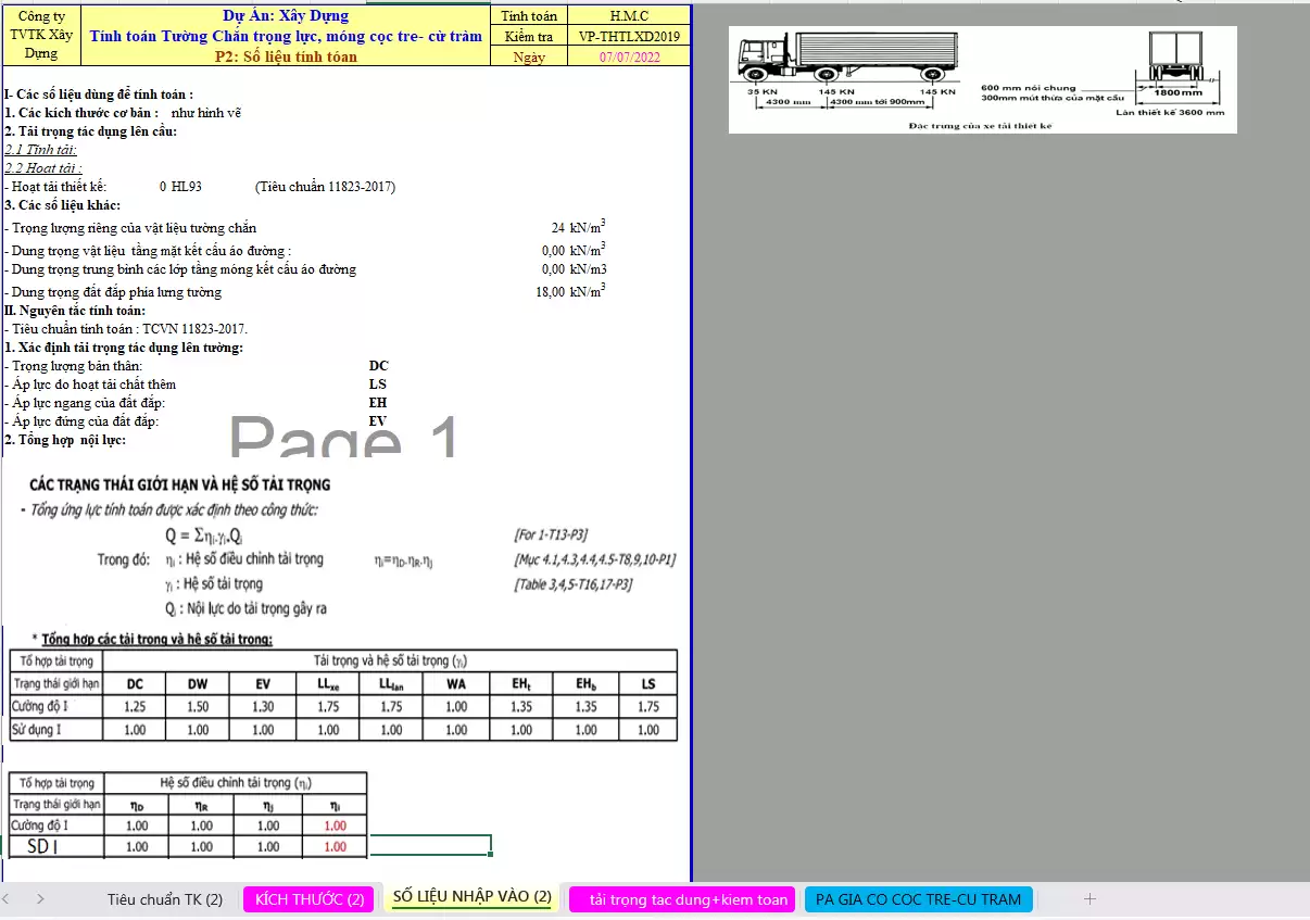 Excel tính tường chắn trọng lực móng gia cố cọc tre,cừ tràm theo TCVN 11823-2017, hoàn toàn tự động bằng excel