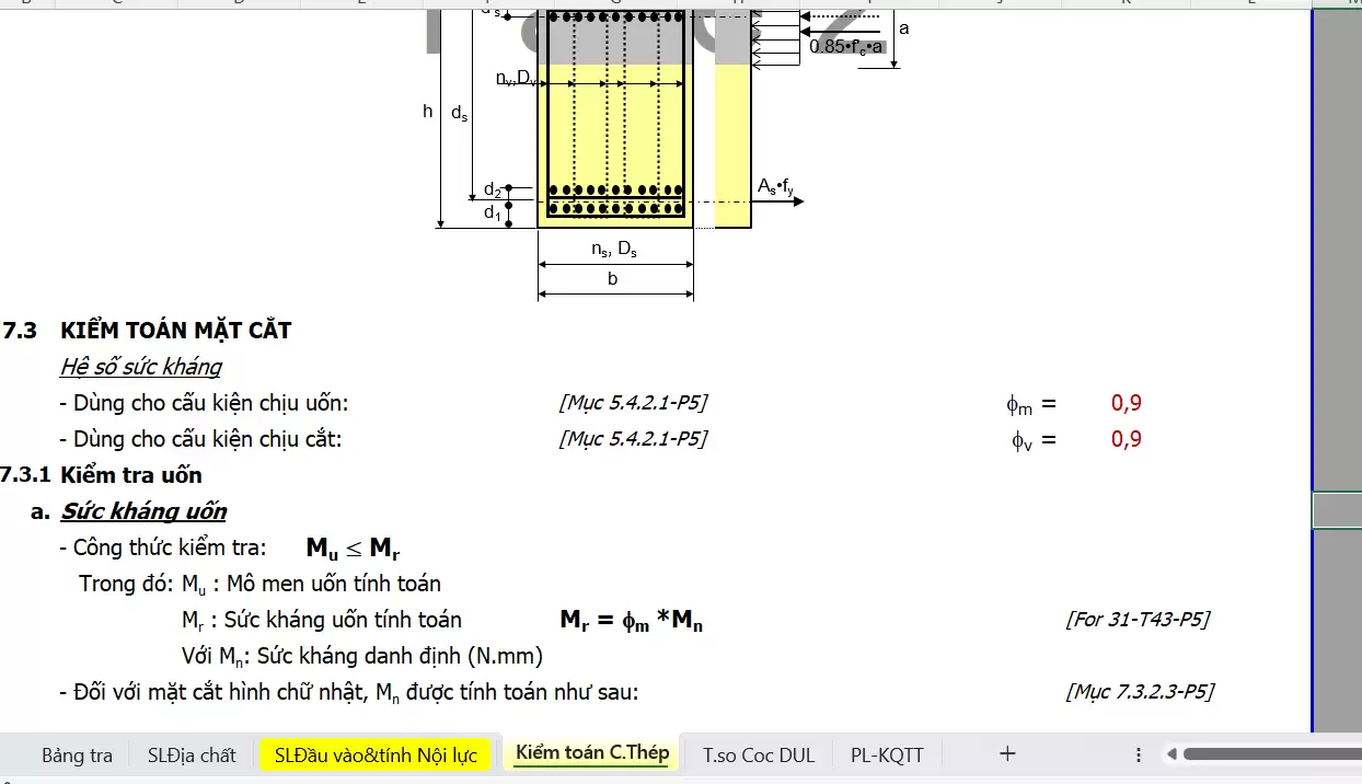 File excel kiểm toán cọc cừ ván Bê tông cốt thép Dự ứng lực