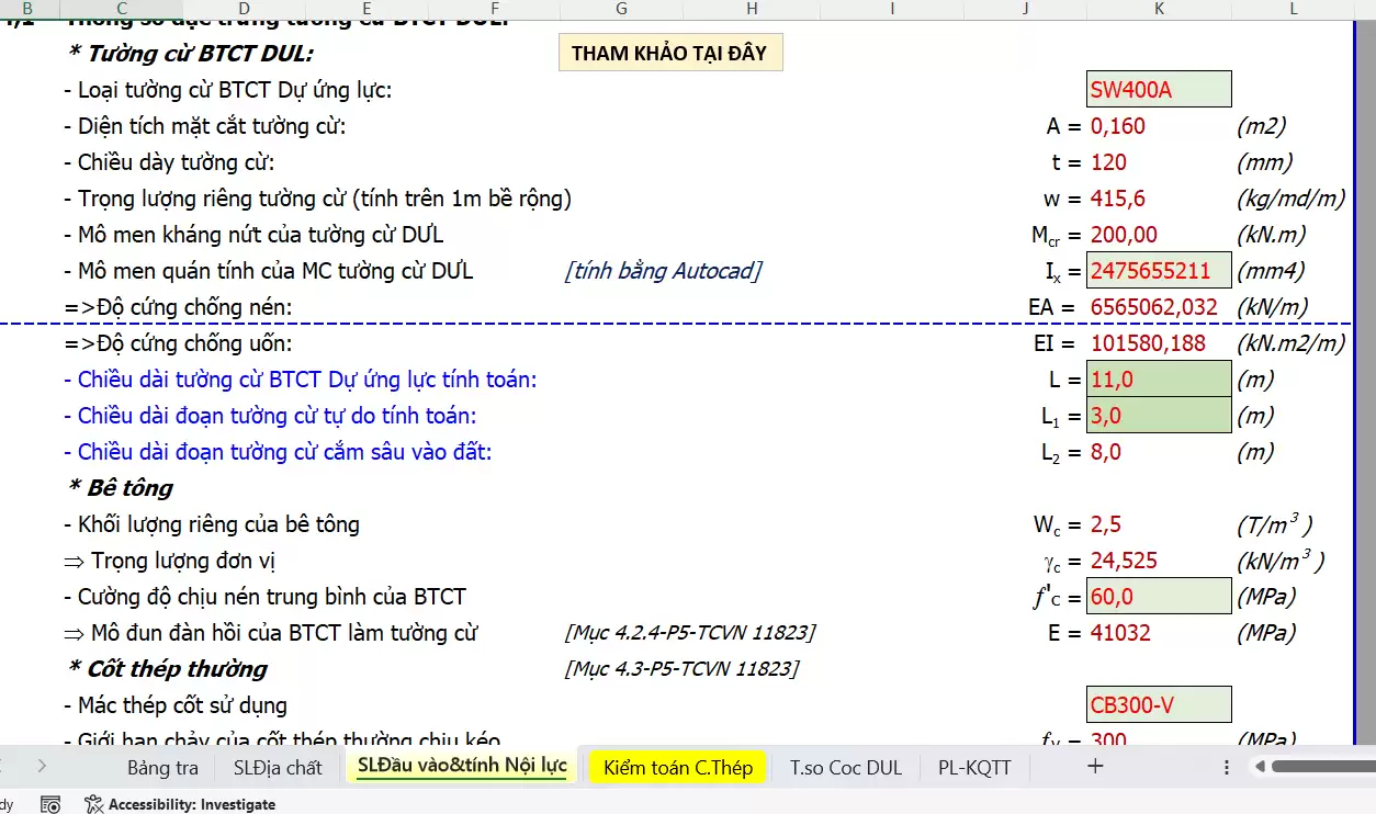 File excel kiểm toán cọc cừ ván Bê tông cốt thép Dự ứng lực