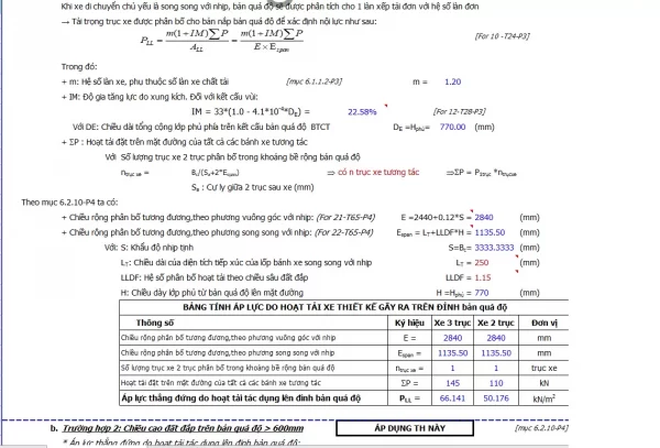 Bảng tính excel bản quá độ,bản giảm tải hoàn toàn = excel theo TCVN 11823-2017