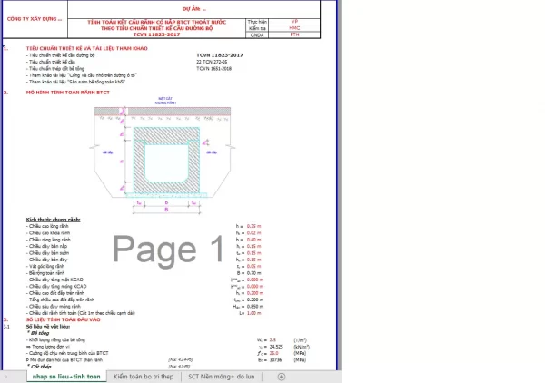 Bảng tính excel rãnh có nắp BTCT,hoàn toàn = excel theo TCVN 11823-2017 (bản chuẩn mới nhất)