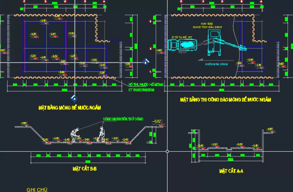 File cad biện pháp thi công đóng cừ bằng máy đào và đào đất