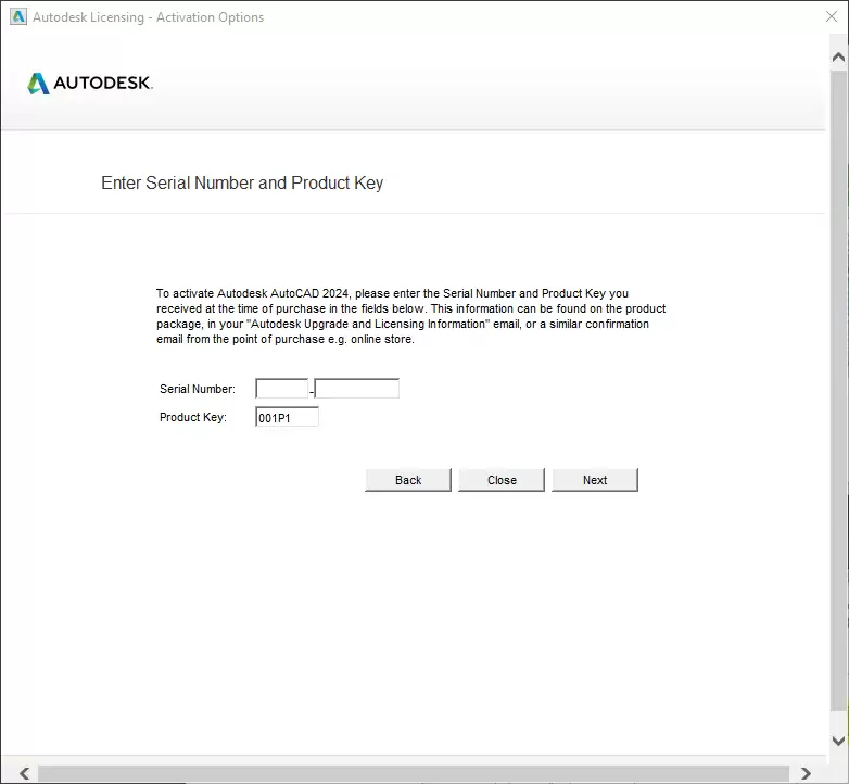 Enter a serial number and product key Autodesk